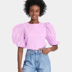 A New Day Pastel Lavender Eyelet Puff Short Sleeve Blouse Top